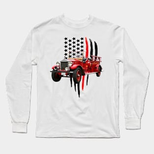 Vintage Fire Truck with Firefighter Flag Long Sleeve T-Shirt